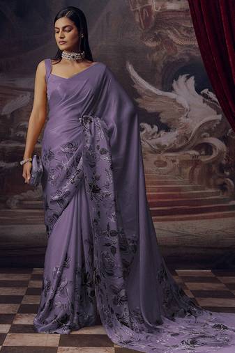 Lavender japan devsena satin saree japan satin digital print blouse