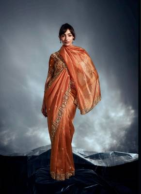 Rust tissue heavy sequince & khatli work cut dana border with heavy designer blouse party wear saree 3