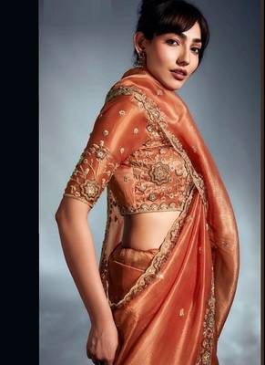 Rust tissue heavy sequince & khatli work cut dana border with heavy designer blouse party wear saree 4