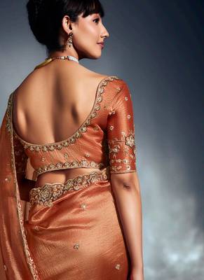 Rust tissue heavy sequince & khatli work cut dana border with heavy designer blouse party wear saree 5