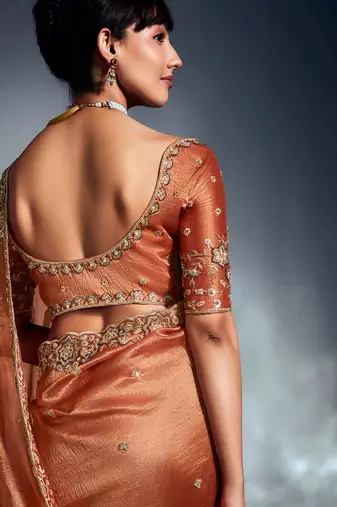 Rust tissue heavy sequince & khatli work cut dana border with heavy designer blouse party wear saree