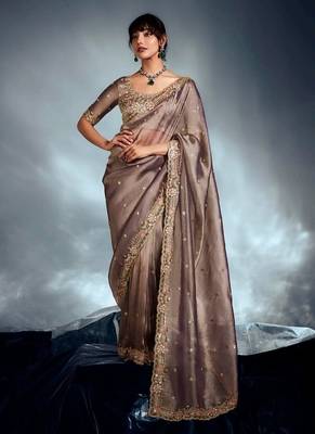 Beige tissue heavy sequince & khatli work cut dana border with heavy designer blouse party wear saree 1