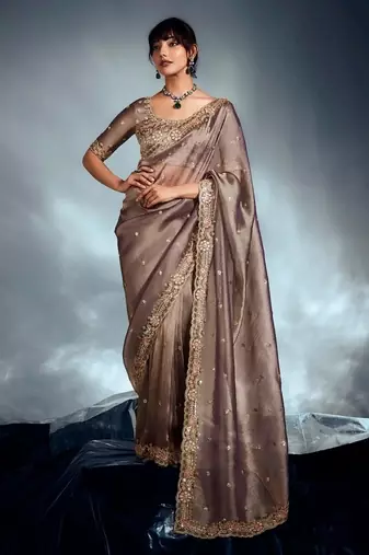 Beige tissue heavy sequince & khatli work cut dana border with heavy designer blouse party wear saree