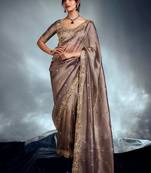 Beige tissue heavy sequince & khatli work cut dana border with heavy designer blouse party wear saree