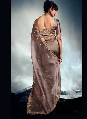 Beige tissue heavy sequince & khatli work cut dana border with heavy designer blouse party wear saree 2
