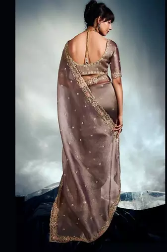 Beige tissue heavy sequince & khatli work cut dana border with heavy designer blouse party wear saree