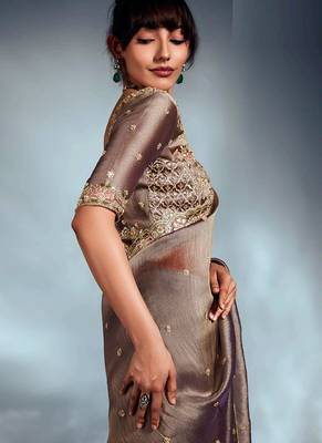 Beige tissue heavy sequince & khatli work cut dana border with heavy designer blouse party wear saree 3