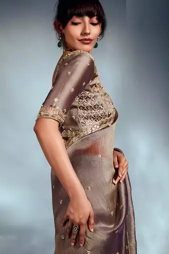 Beige tissue heavy sequince & khatli work cut dana border with heavy designer blouse party wear saree