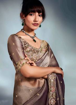Beige tissue heavy sequince & khatli work cut dana border with heavy designer blouse party wear saree 4