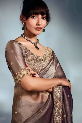 Beige tissue heavy sequince & khatli work cut dana border with heavy designer blouse party wear saree