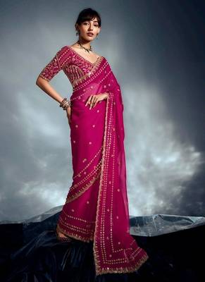 Rani pink tissue heavy sequince & khatli work cut dana border with heavy designer blouse party wear saree 1