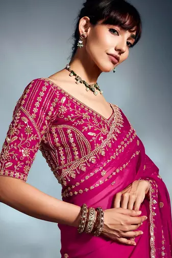 Rani pink tissue heavy sequince & khatli work cut dana border with heavy designer blouse party wear saree