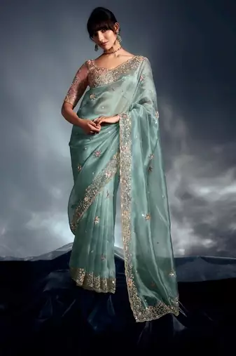 Sky blue tissue heavy sequince & khatli work cut dana border with heavy designer blouse party wear saree
