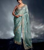 Sky blue tissue heavy sequince & khatli work cut dana border with heavy designer blouse party wear saree