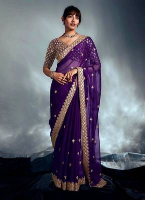 Purple tissue heavy sequince & khatli work cut dana border with heavy designer blouse party wear saree 1