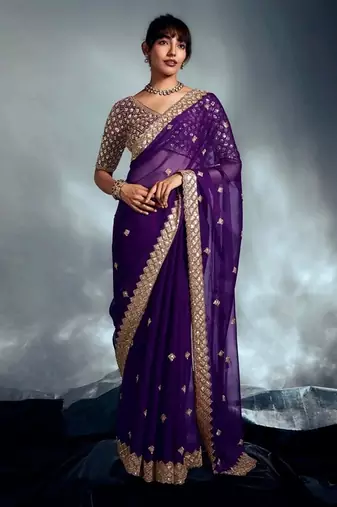 Purple tissue heavy sequince & khatli work cut dana border with heavy designer blouse party wear saree