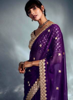 Purple tissue heavy sequince & khatli work cut dana border with heavy designer blouse party wear saree 2