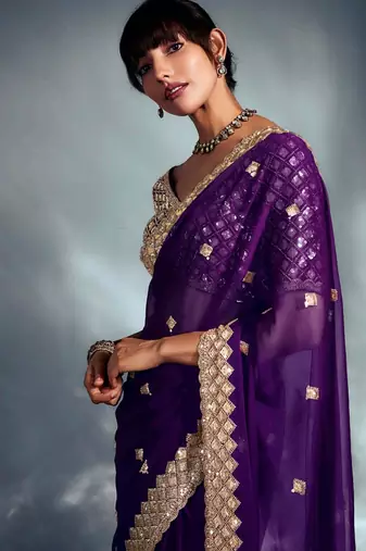 Purple tissue heavy sequince & khatli work cut dana border with heavy designer blouse party wear saree