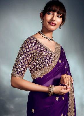 Purple tissue heavy sequince & khatli work cut dana border with heavy designer blouse party wear saree 3