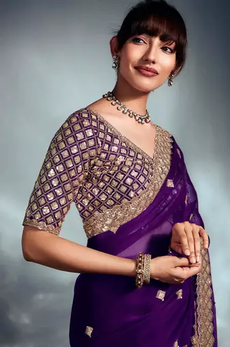 Purple tissue heavy sequince & khatli work cut dana border with heavy designer blouse party wear saree