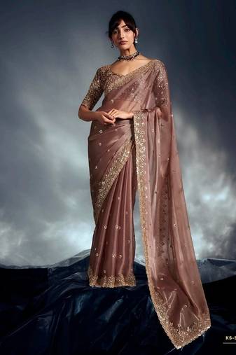 Beige tissue heavy sequince & khatli work cut dana border with heavy designer blouse party wear saree