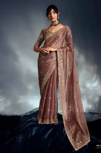 Beige tissue heavy sequince & khatli work cut dana border with heavy designer blouse party wear saree