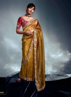 Mustard tissue heavy sequince & khatli work cut dana border with heavy designer blouse party wear saree 1