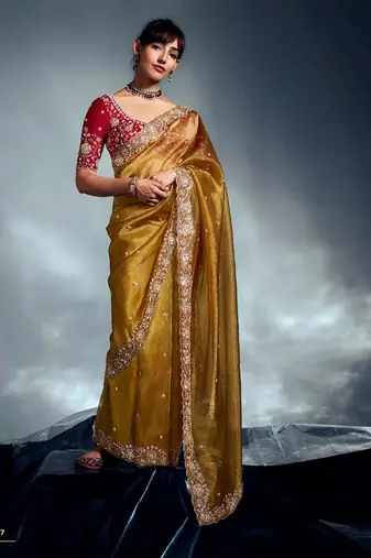 Mustard tissue heavy sequince & khatli work cut dana border with heavy designer blouse party wear saree