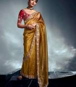 Mustard tissue heavy sequince & khatli work cut dana border with heavy designer blouse party wear saree