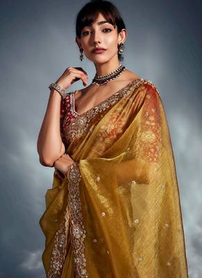 Mustard tissue heavy sequince & khatli work cut dana border with heavy designer blouse party wear saree 2