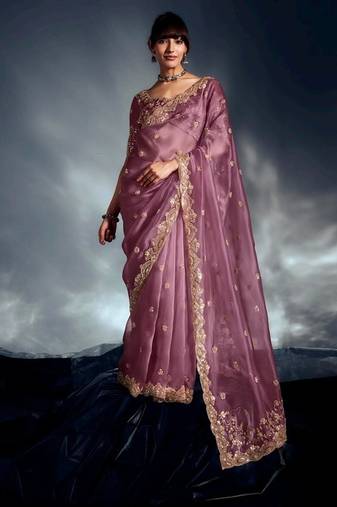 Onion pink tissue heavy sequince & khatli work cut dana border with heavy designer blouse party wear saree