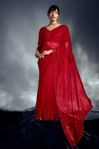 Red tissue heavy moti & khatli work cut dana border with heavy designer blouse party wear saree