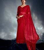 Red tissue heavy moti & khatli work cut dana border with heavy designer blouse party wear saree