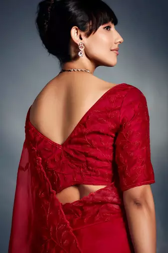 Red tissue heavy moti & khatli work cut dana border with heavy designer blouse party wear saree