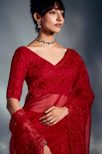 Red tissue heavy moti & khatli work cut dana border with heavy designer blouse party wear saree