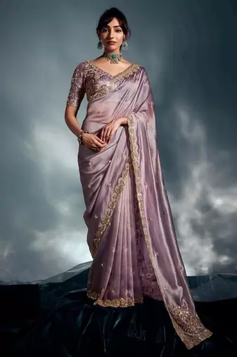 Lavender tissue heavy moti & khatli work cut dana border with heavy designer blouse party wear saree