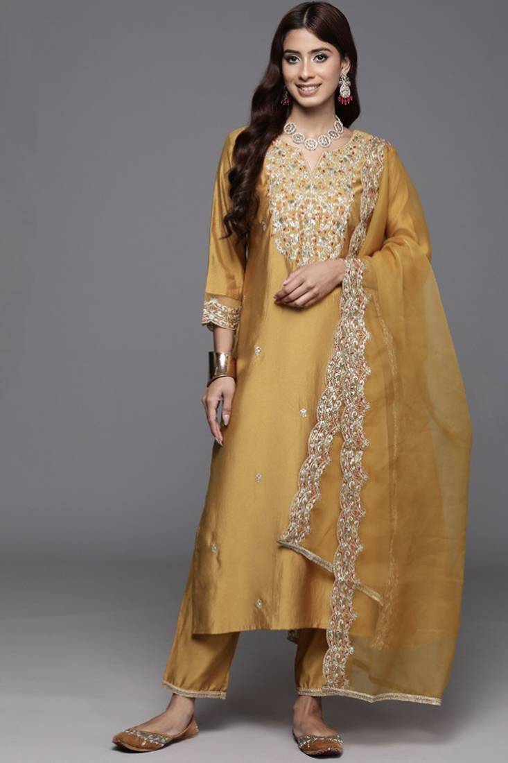 pv-silk chanderi embroidered kurta set with stitched top, bottom & dupatta