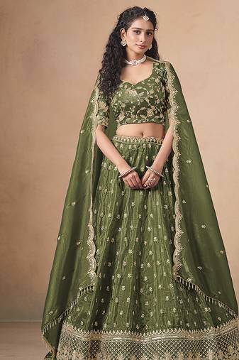 Organza Embroidered Olive Green Designer Long Lehenga Choli