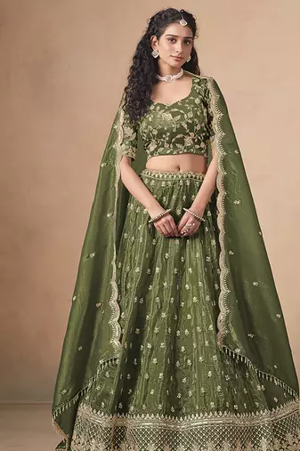 Organza Embroidered Olive Green Designer Long Lehenga Choli