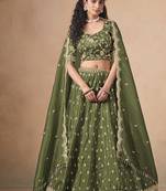 Organza Embroidered Olive Green Designer Long Lehenga Choli