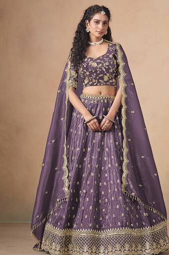 Organza Embroidered Purple Designer Long Lehenga Choli