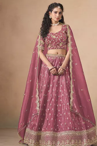 Organza Embroidered Pink Designer Long Lehenga Choli