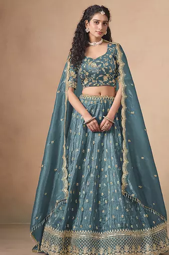Organza Embroidered Teal Blue Designer Long Lehenga Choli