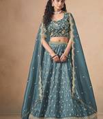 Organza Embroidered Teal Blue Designer Long Lehenga Choli
