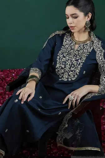 pv-silk chanderi embroidered kurta set with stitched top, bottom & dupatta