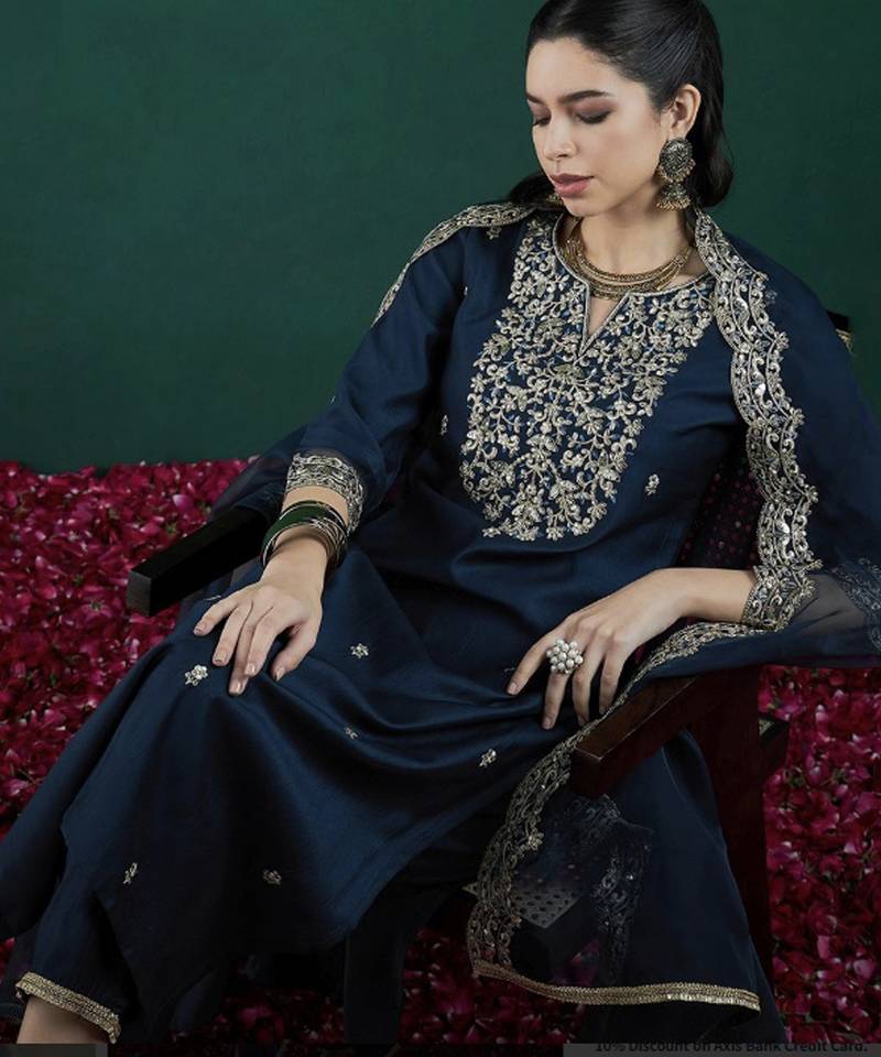 pv-silk chanderi embroidered kurta set with stitched top, bottom & dupatta