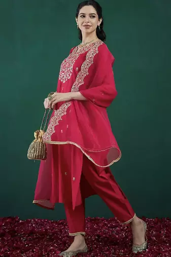 pv-silk chanderi embroidered kurta set with stitched top, bottom & dupatta