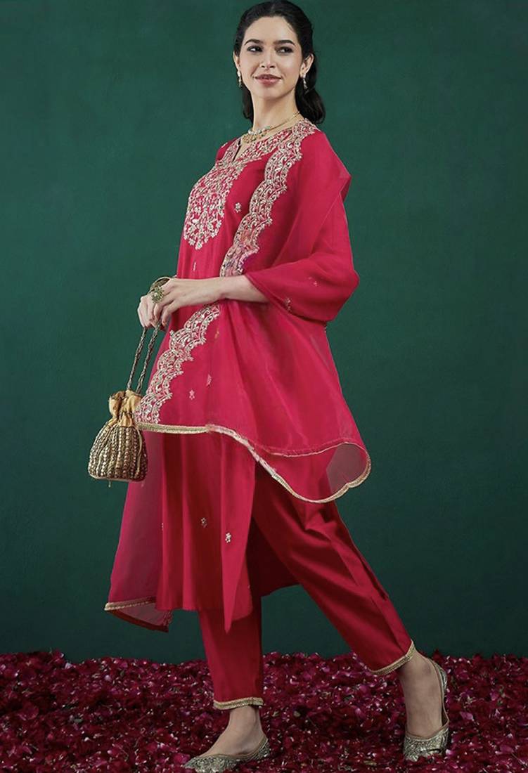 pv-silk chanderi embroidered kurta set with stitched top, bottom & dupatta
