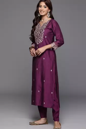 pv-silk chanderi embroidered kurta set with stitched top, bottom & dupatta