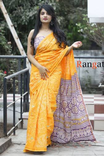 Yellow soft pure cotton printed  fancy saree with blouse